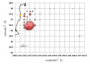 fukushima-radionuclides_en_full Fig. Concentrations of 137Cs in surface water (Bq L-1 = 103Bq m-3). Yellow circle indicates location of Fukushima NPPs.