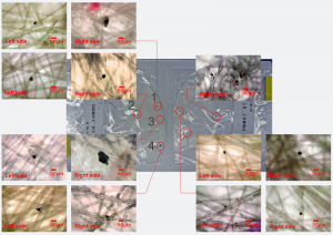 © 2014 Shogo Higaki. A composite image of the mask worn by a subject on the first day of the first week (March 2 to 3, 2012), its radiocesium distribution, and its microscope image.