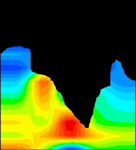 Figure 1: Muographic image of Mount Asama. Figure 1: Muographic image of Mount Asama. Colors represent the mean muon density, with red representing higher mean muon densities. The red patch indicates magma that has cooled after extrusion. (c) 2014 Hiroyuki Tanaka.