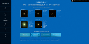 Figure 4: The Space Warps website. Participants can see the gravitational lenses that the project has found, and the names of the people who found them. Involving people in actual research helps in understanding the mysteries of the Universe, giving people the satisfaction of making a contribution to science and building interest in science among young people. (c) 2014 Space Warps. Figure 4: The Space Warps website. Participants can see the gravitational lenses that the project has found, and the names of the people who found them. Involving people in actual research helps in understanding the mysteries of the Universe, giving people the satisfaction of making a contribution to science and building interest in science among young people. (c) 2014 Space Warps.