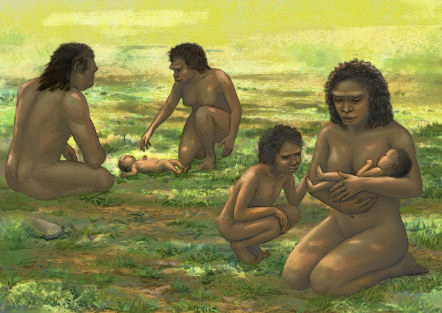 An artist’s reconstruction of how Homo erectus parents cared for their children.